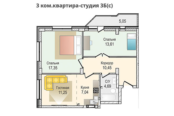 3-комнатная квартира 64,39 м&sup2; в ЖК КрымSKY. Планировка