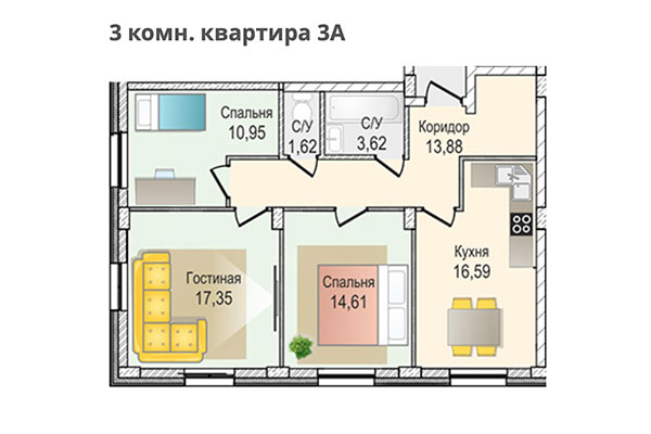 3-комнатная квартира 77,86 м&sup2; в ЖК КрымSKY. Планировка