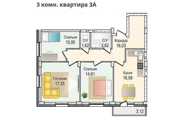 3-комнатная квартира 83,86 м&sup2; в ЖК КрымSKY. Планировка