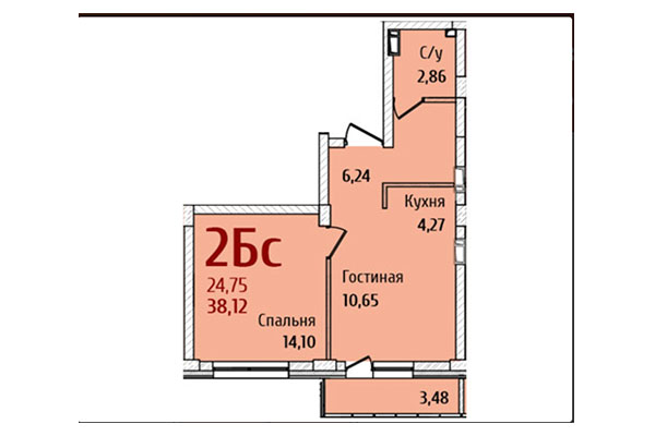 2-комнатная квартира 38,12 м&sup2; в ЖК Ред Фокс. Планировка