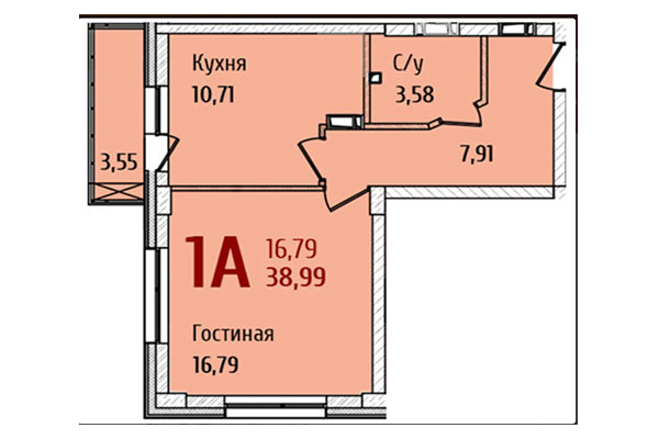 1-комнатная квартира 38,99 м&sup2; в ЖК Ред Фокс. Планировка