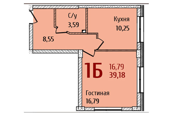1-комнатная квартира 39,18 м&sup2; в ЖК Ред Фокс. Планировка