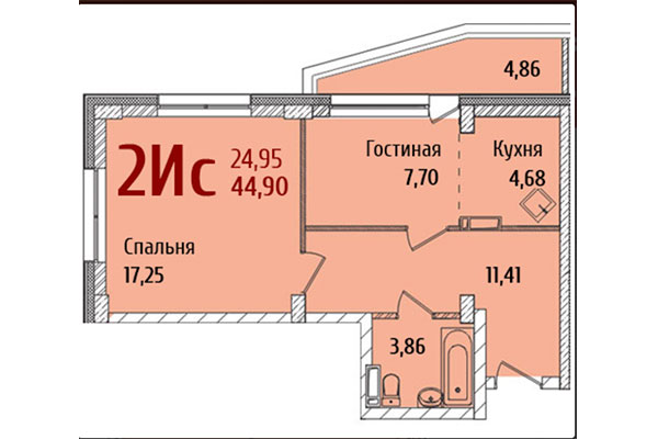 2-комнатная квартира 44,90 м&sup2; в ЖК Ред Фокс. Планировка