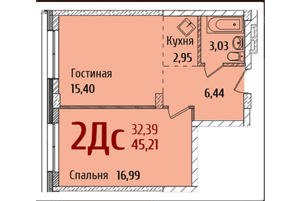 2-комнатная квартира 45,21 м&sup2; в ЖК Ред Фокс. Планировка