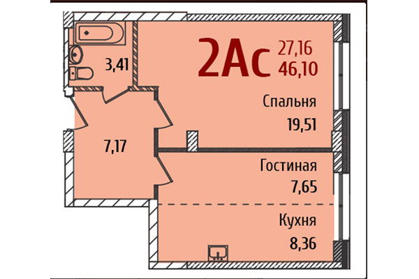 2-комнатная квартира 46,10 м&sup2; в ЖК Ред Фокс. Планировка