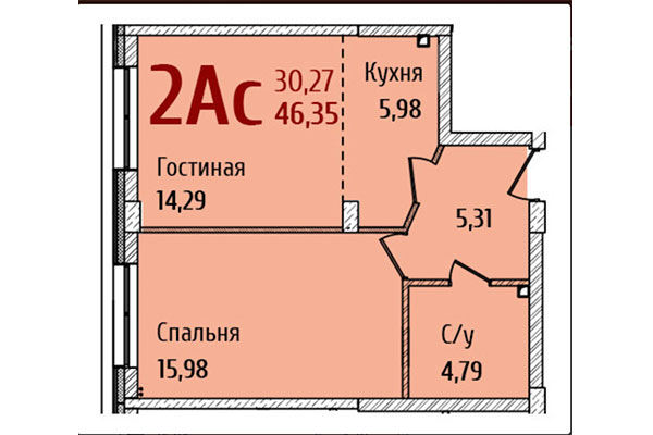 2-комнатная квартира 46,35 м&sup2; в ЖК Ред Фокс. Планировка