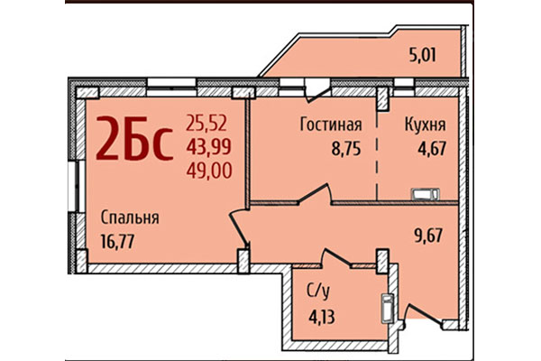 2-комнатная квартира 49,00 м&sup2; в ЖК Ред Фокс. Планировка