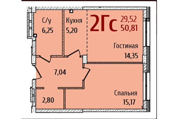 2-комнатная квартира 50,81 м&sup2; в ЖК Ред Фокс. Планировка