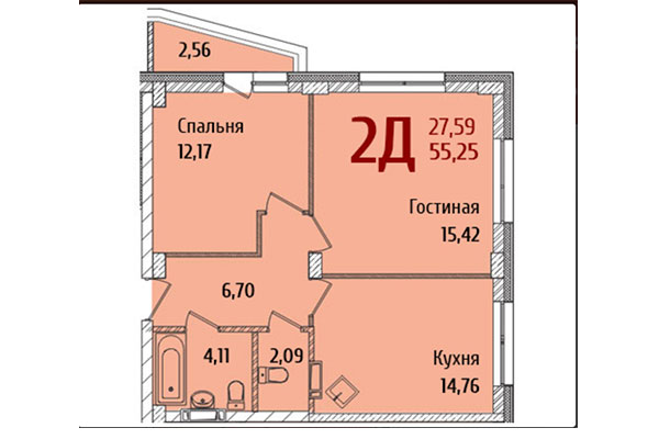 2-комнатная квартира 55,25 м&sup2; в ЖК Ред Фокс. Планировка