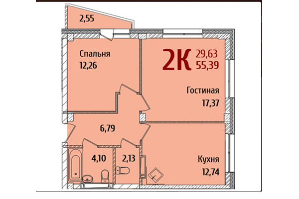 2-комнатная квартира 55,39 м&sup2; в ЖК Ред Фокс. Планировка