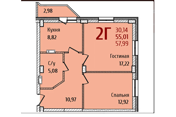2-комнатная квартира 57,99 м&sup2; в ЖК Ред Фокс. Планировка