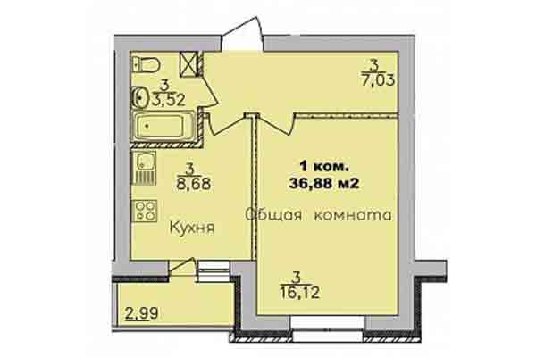 1-комнатная квартира 36,88 м&sup2; в Микрорайон Дивногорский. Планировка