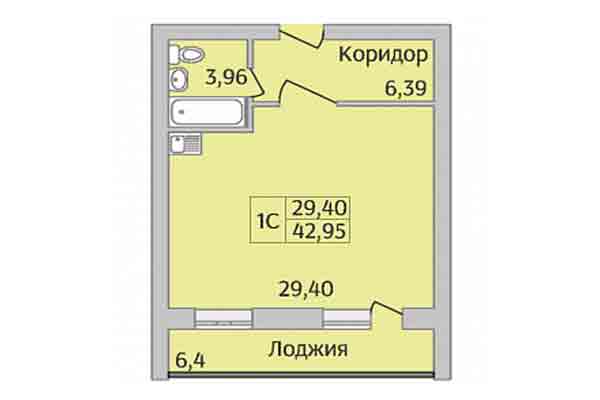 Студия 42,95 м&sup2; в Микрорайон Дивногорский. Планировка