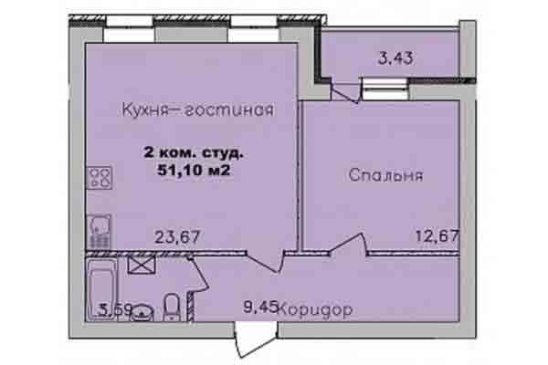 2-комнатная квартира 51,10 м&sup2; в Микрорайон Дивногорский. Планировка