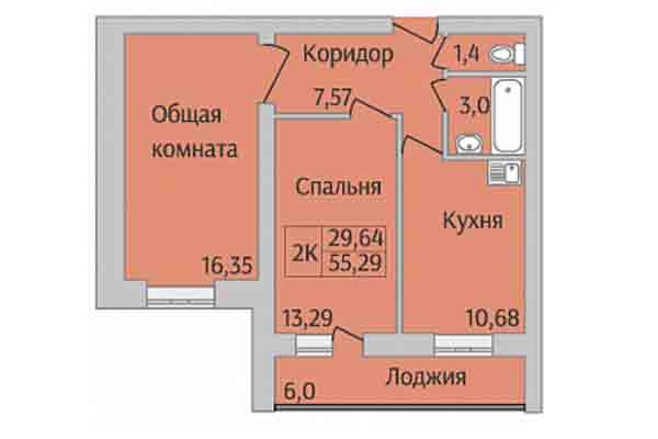 2-комнатная квартира 55,29 м&sup2; в Микрорайон Дивногорский. Планировка