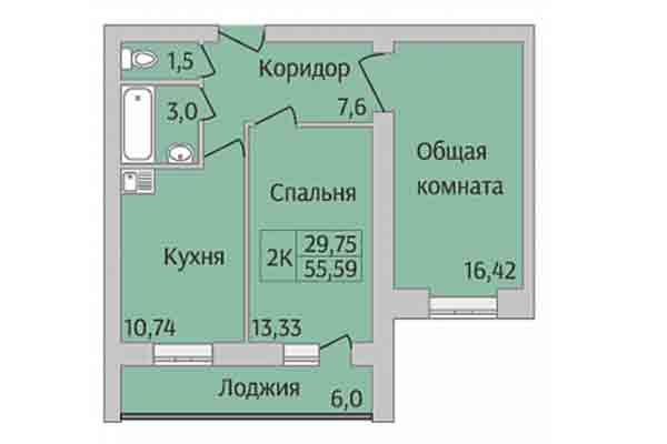 2-комнатная квартира 55,59 м&sup2; в Микрорайон Дивногорский. Планировка