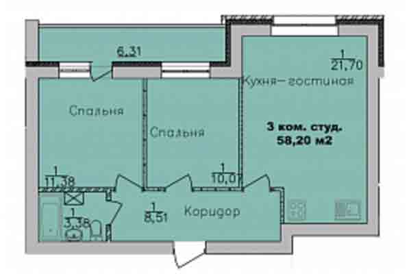 3-комнатная квартира 58,20 м&sup2; в Микрорайон Дивногорский. Планировка