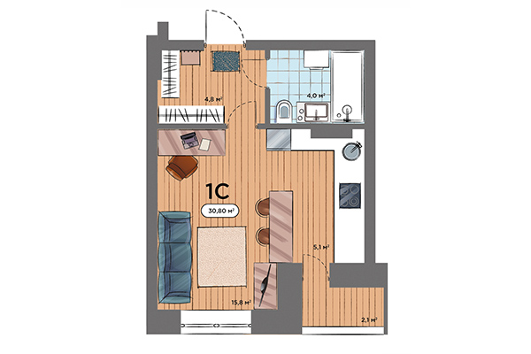 Студия 30,80 м&sup2; в ЖК Smart Avenue. Планировка