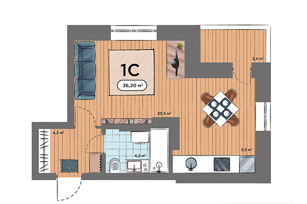 Студия 36,20 м&sup2; в ЖК Smart Avenue. Планировка