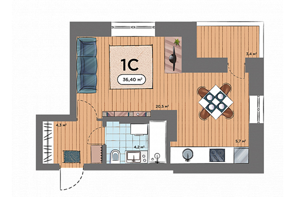 Студия 36,40 м&sup2; в ЖК Smart Avenue. Планировка