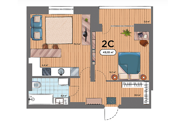 2-комнатная квартира 49,10 м&sup2; в ЖК Smart Avenue. Планировка