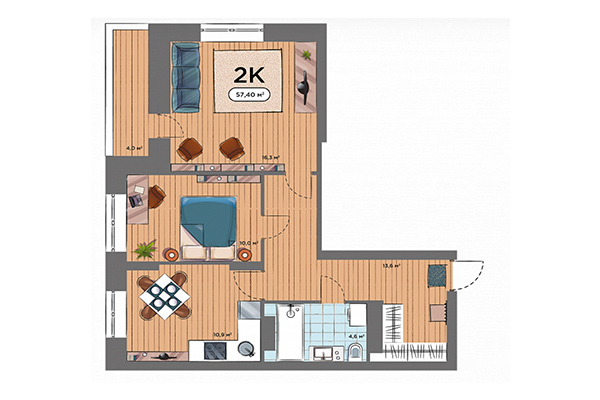 2-комнатная квартира 57,40 м&sup2; в ЖК Smart Avenue. Планировка