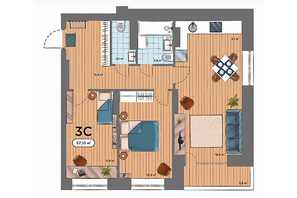 3-комнатная квартира 67,10 м&sup2; в ЖК Smart Avenue. Планировка