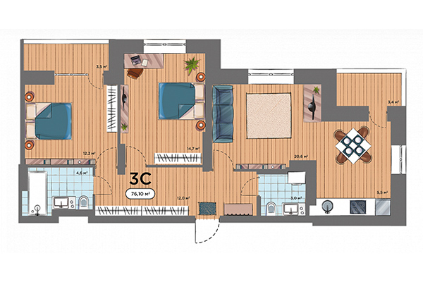 3-комнатная квартира 76,10 м&sup2; в ЖК Smart Avenue. Планировка