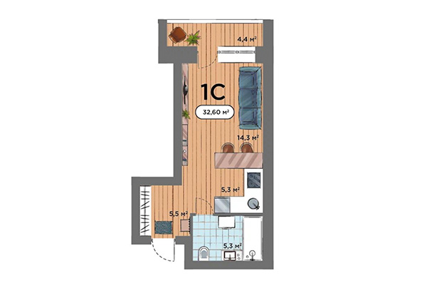 Студия 32,60 м&sup2; в ЖК Smart Park. Планировка