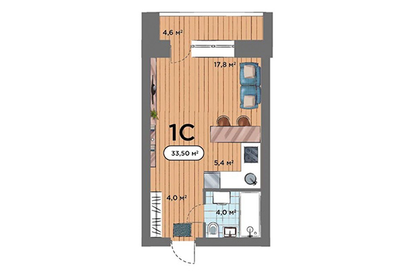 Студия 33,50 м&sup2; в ЖК Smart Park. Планировка