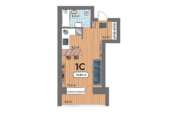 Студия 35,08 м&sup2; в ЖК Smart Park. Планировка
