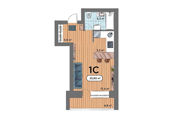 Студия 35,80 м&sup2; в ЖК Smart Park. Планировка