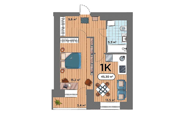 1-комнатная квартира 45,30 м&sup2; в ЖК Smart Park. Планировка