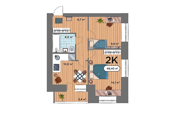 2-комнатная квартира 48,04 м&sup2; в ЖК Smart Park. Планировка