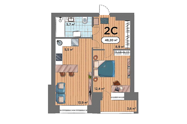 2-комнатная квартира 48,20 м&sup2; в ЖК Smart Park. Планировка