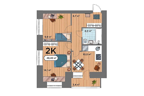 2-комнатная квартира 48,40 м&sup2; в ЖК Smart Park. Планировка