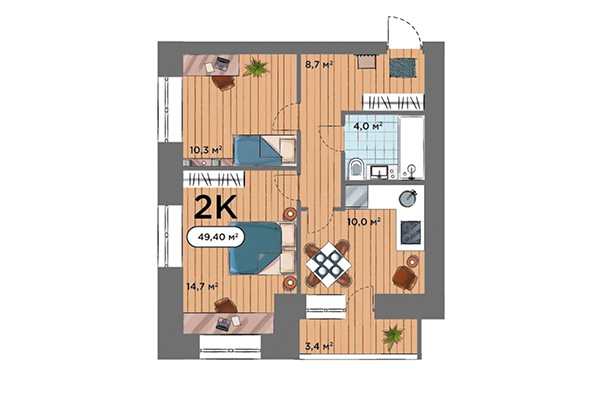 2-комнатная квартира 49,40 м&sup2; в ЖК Smart Park. Планировка