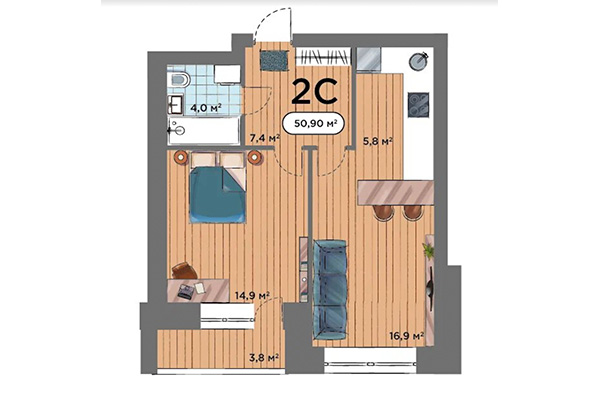 2-комнатная квартира 50,90 м&sup2; в ЖК Smart Park. Планировка