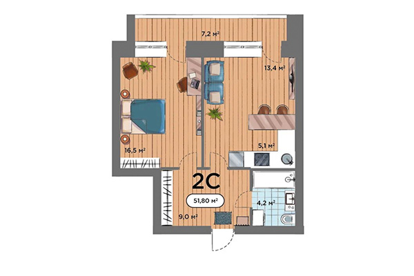 2-комнатная квартира 51,08 м&sup2; в ЖК Smart Park. Планировка