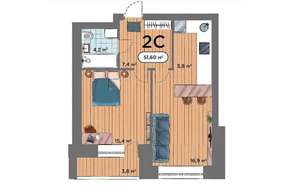 2-комнатная квартира 51,60 м&sup2; в ЖК Smart Park. Планировка