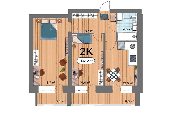 2-комнатная квартира 63,40 м&sup2; в ЖК Smart Park. Планировка