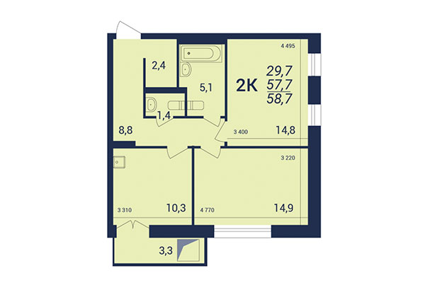 2-комнатная квартира 58,70 м&sup2; в ЖК NOVA-дом. Планировка