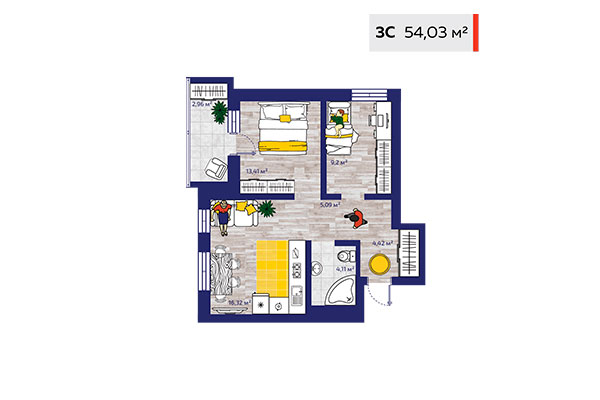 3-комнатная квартира 54,03 м&sup2; в ЖК Новые снегири. Планировка
