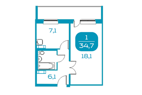 1-комнатная квартира 34,70 м&sup2; в Аквамарин. Квартал у реки. Планировка