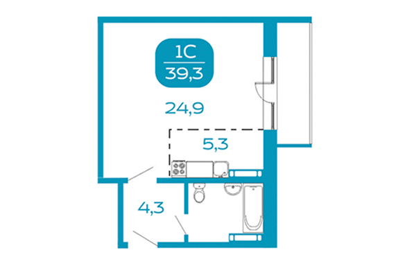 Студия 39,30 м&sup2; в Аквамарин. Квартал у реки. Планировка