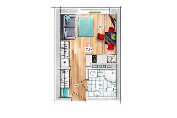 Студия 20,50 м&sup2; в ЖК БонАпарт. Планировка