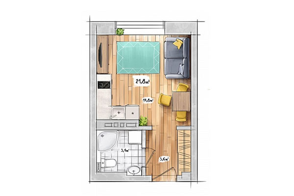 Студия 21,80 м&sup2; в ЖК БонАпарт. Планировка