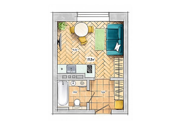 Студия 22,90 м&sup2; в ЖК БонАпарт. Планировка