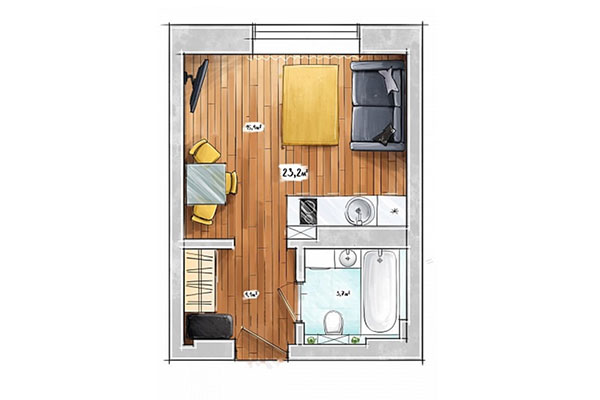 Студия 23,20 м&sup2; в ЖК БонАпарт. Планировка