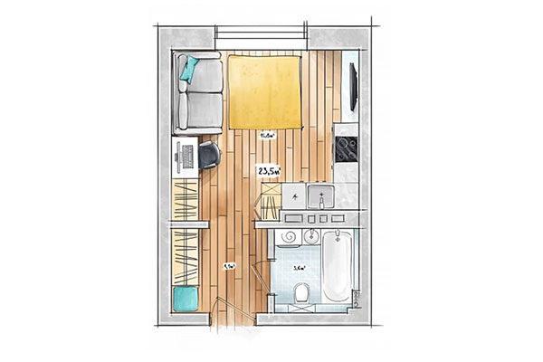 Студия 23,50 м&sup2; в ЖК БонАпарт. Планировка